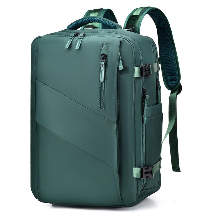 Dark green business backpack with top handle, front zipper pocket, and adjustable shoulder straps