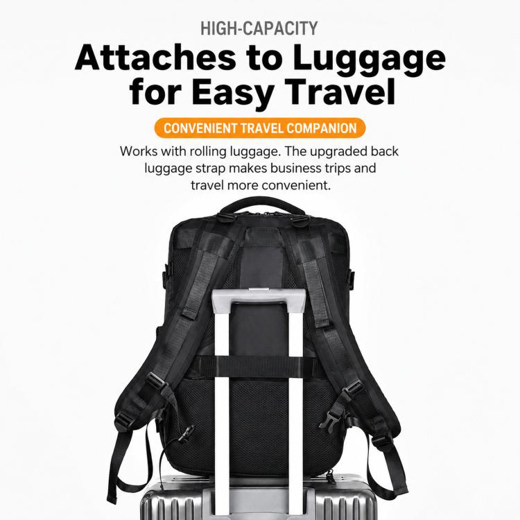Business backpack with luggage-attachment strap for easy travel