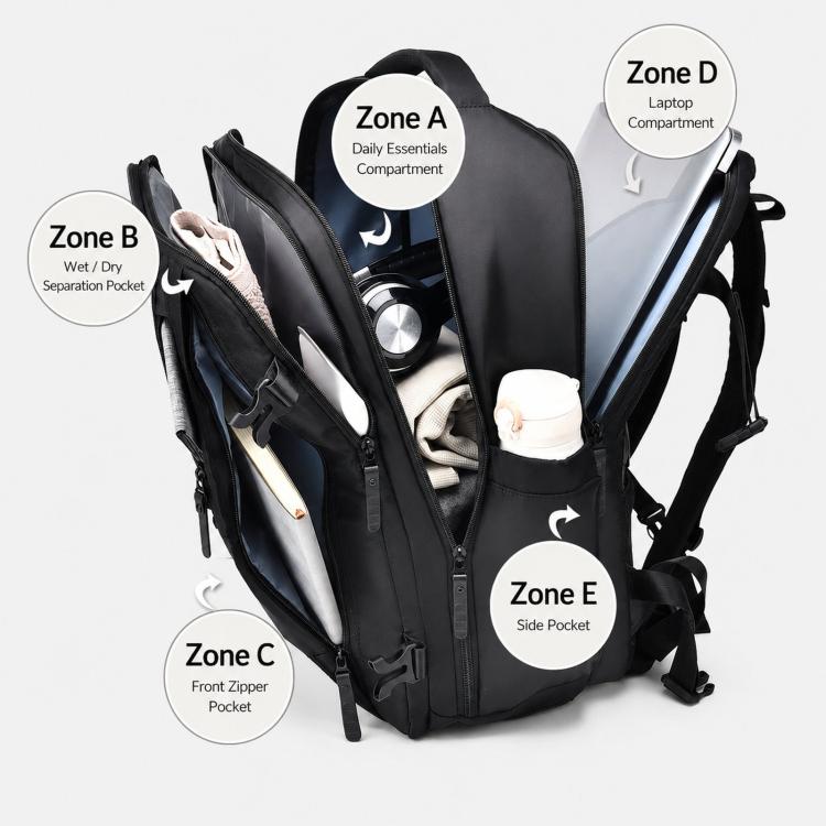 Black business backpack open, interior compartment layout diagram with multiple pockets