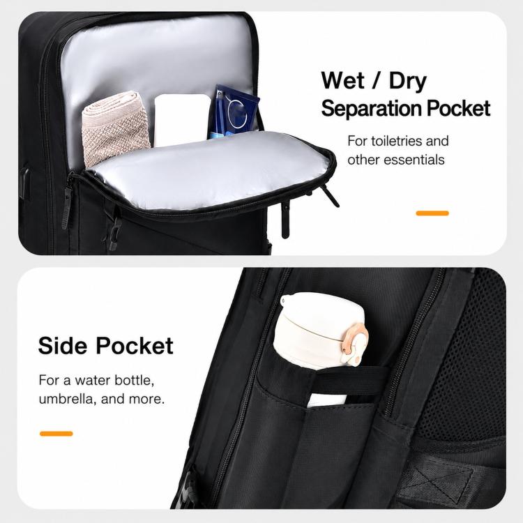 Black backpack with side pocket and wet/dry separation pocket zipper compartments