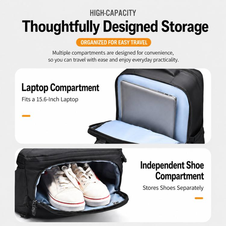 Expandable backpack with padded laptop compartment and separate shoe compartment