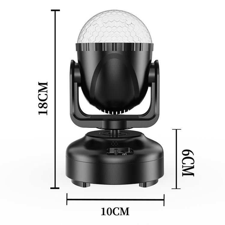 Black mini LED moving head magic ball light with size markings: 10cm wide, 19cm tall