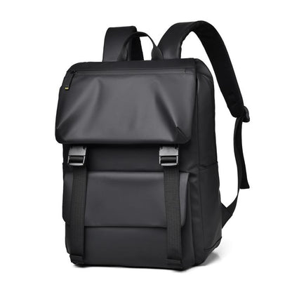 Minimalist waterproof men’s backpack in dark gray/black, with front flap and shoulder straps