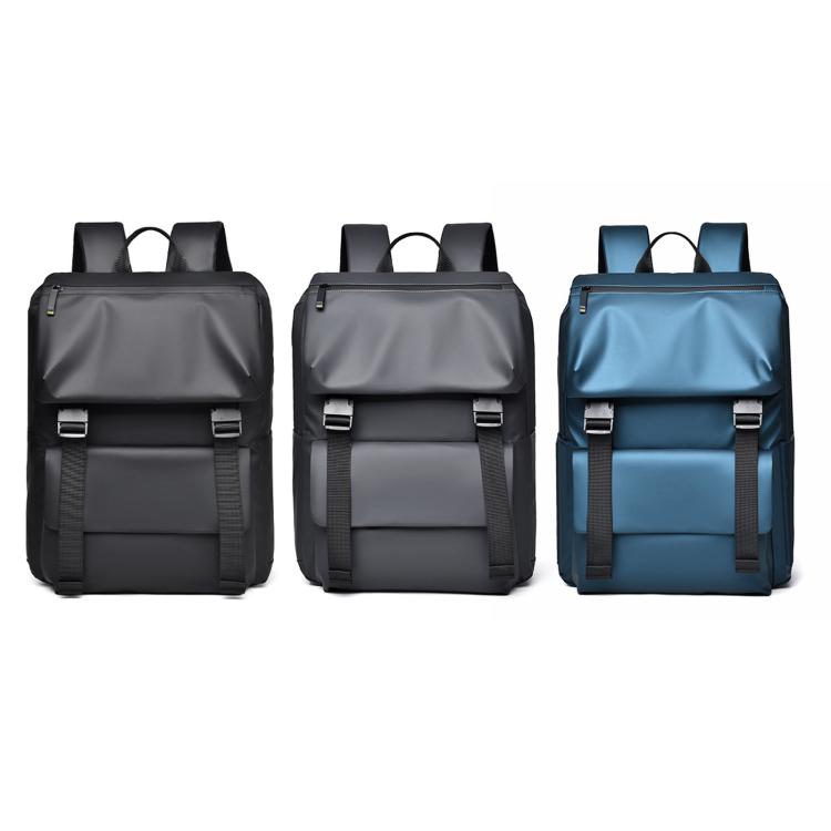 Minimalist waterproof men’s backpack shown in gray, dark, and blue color options