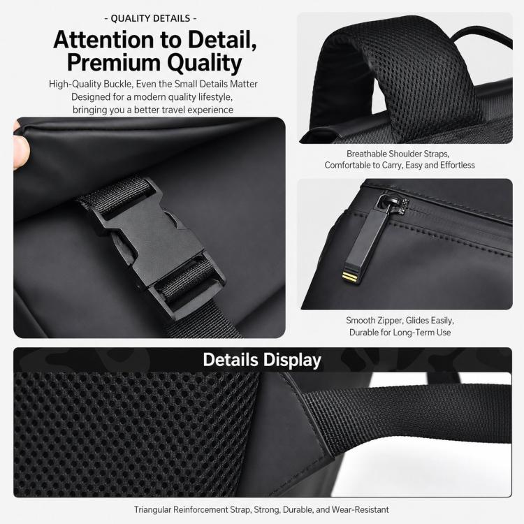 Minimalist waterproof men’s backpack close-ups of breathable straps, zipper, and woven texture