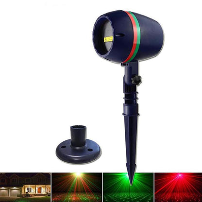Round in-ground laser garden light with dark blue housing, colored ring, spike stake