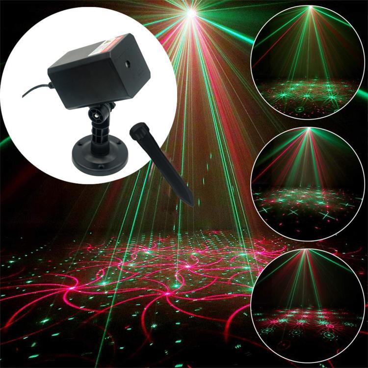 Outdoor laser garden light with black base, projecting red and green grid patterns
