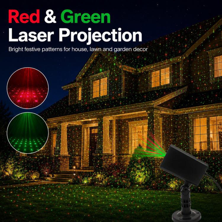 Black laser garden projector casting red and green light beams