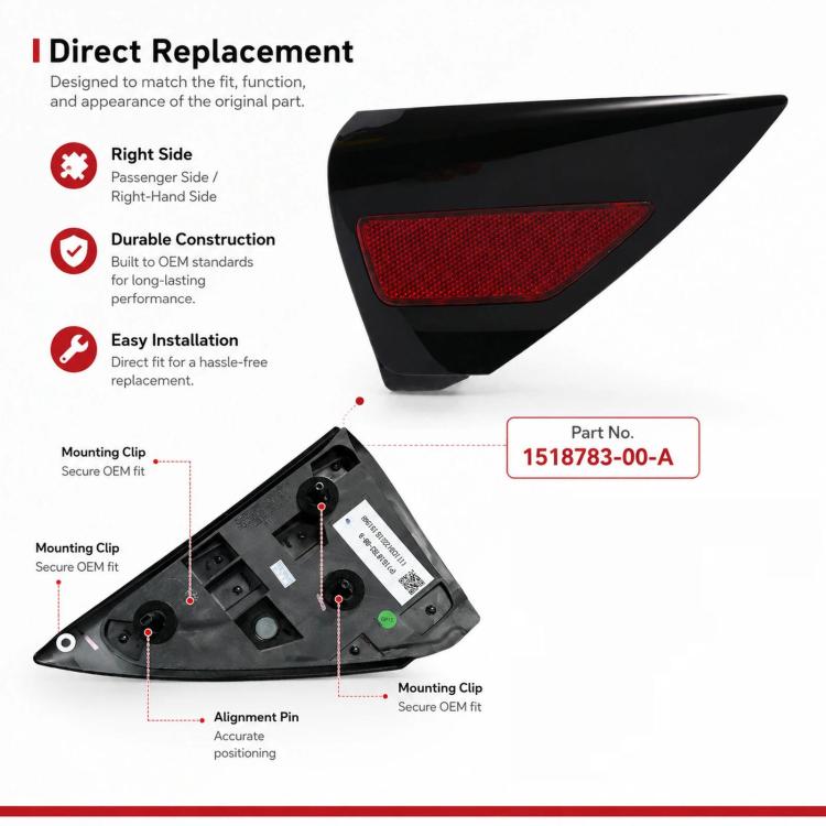 Black taillight trim panel right-side view with red reflector and mounting clips.