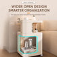 Cream white 3-tier rolling utility cart with open sides showing storage shelves