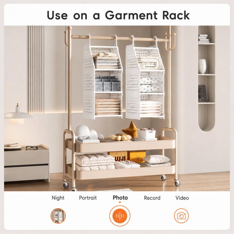 Hanging Closet Organizer Plastic Hanging Shelves Stackable Wardrobe Storage Basket for Clothes, 1-Tier, 2-Tier, 3-Tier