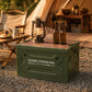 Green folding storage box with wooden lid, lantern on top