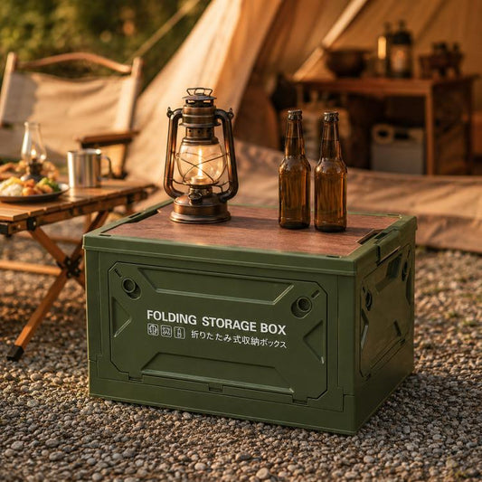 Collapsible Storage Bin with MDF Wooden Lid 5-Door Open Plastic Folding Storage Box Crate for Camping & Car Trunk, 49 x 35 x 29cm, 41 x 29 x 24.5cm