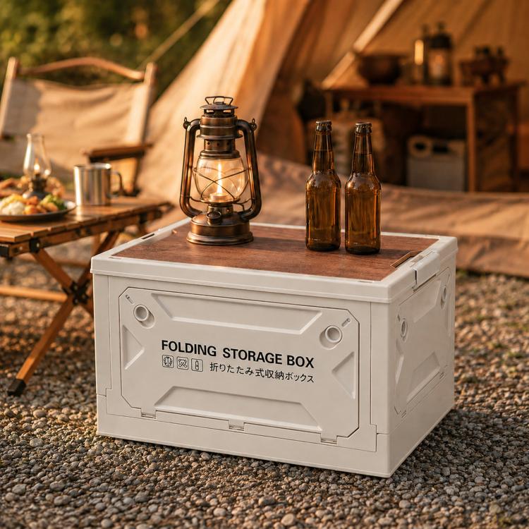 White folding storage box with wooden lid, lantern and bottles on top