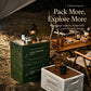 Green and white folding storage boxes with wooden lids at a campsite