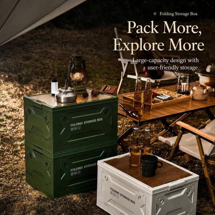 Green and white folding storage boxes with wooden lids at a campsite