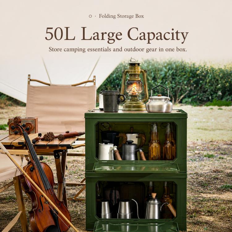 Green folding storage box with open compartments holding camping cookware