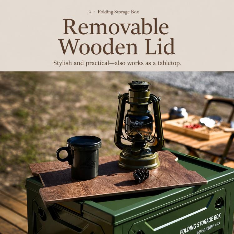 Green folding storage box with removable wooden lid, lid used as tabletop