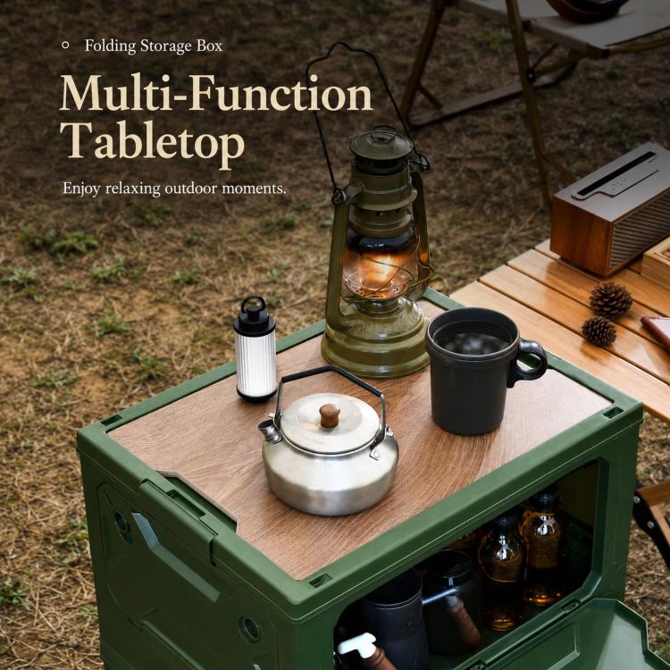 Green folding storage box tabletop with wooden top and camping cookware
