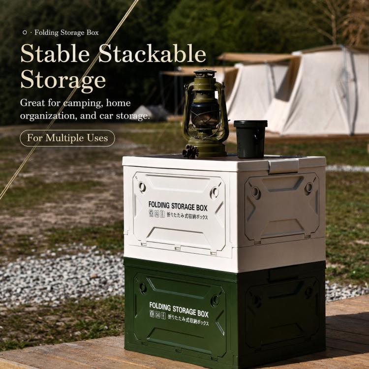 Folding storage box with MDF wood lid and side doors, white top and green base
