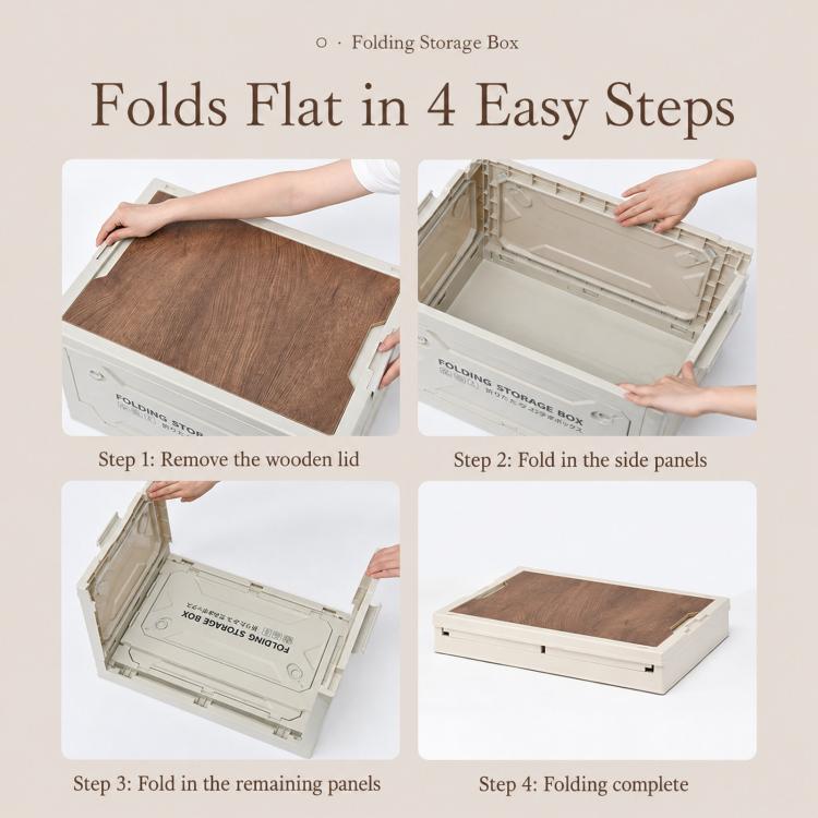 Folded flat storage bin with MDF wooden lid, light frame and brown lid panel