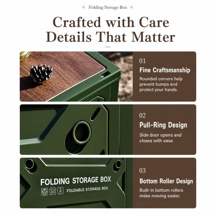 Green folding storage box with MDF wooden lid, rounded corners and pull-ring door