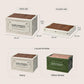 Folding storage bin with MDF wood lid, shown in white and olive green with size