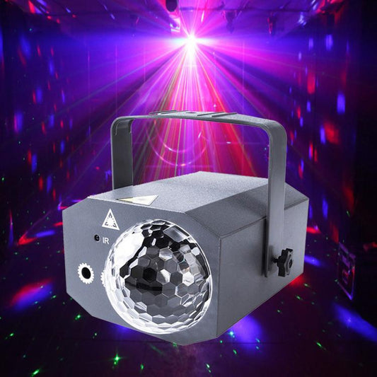 Grey rotating disco laser light with mirrored ball lens and carry handle
