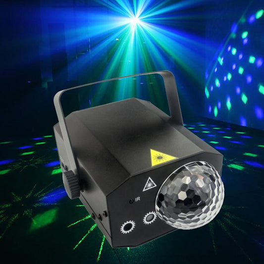 Black LED laser light projector with carry handle and faceted disco ball lens