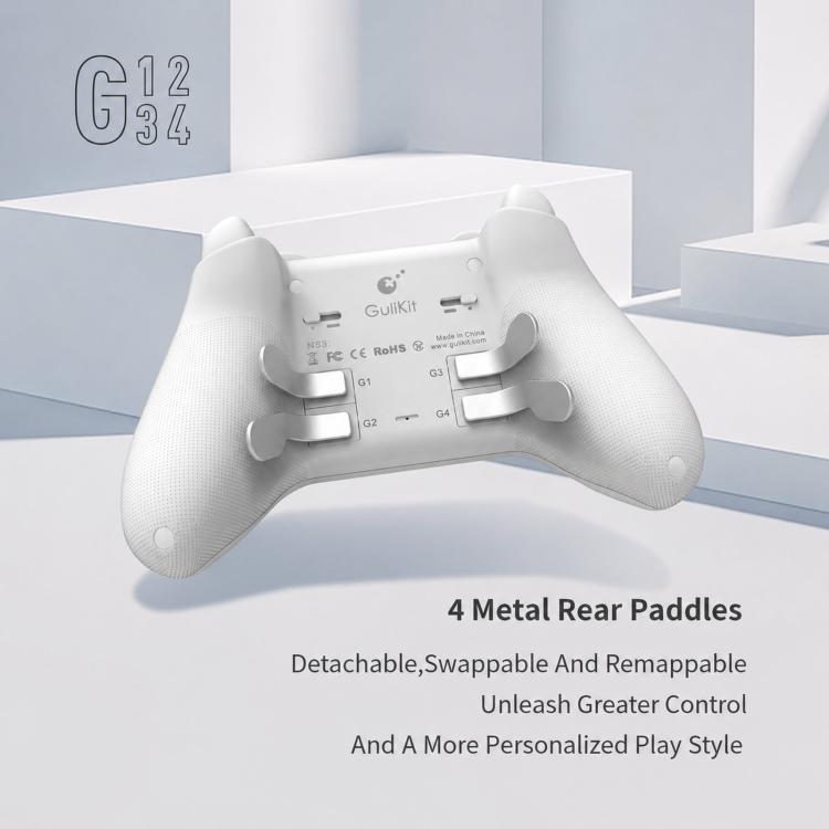 White game controller with rear metal paddles and textured grip handles