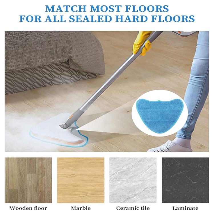 Blue microfiber steam mop pad near a steam mop cleaning head