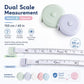Dual-scale mini tape measure with pastel round housing and dual metric/imperial ruler markings
