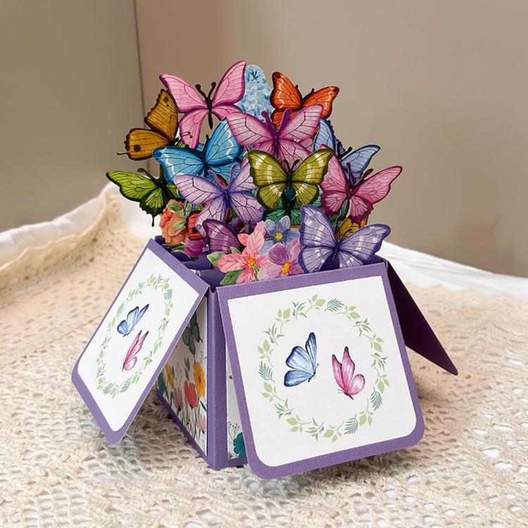 3D pop-up butterfly greeting card with purple box and multicolor butterflies, open panels