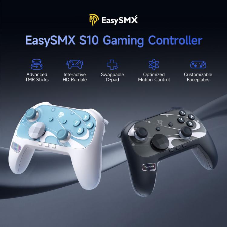 Wireless gaming controllers in white and black with swappable faceplate designs