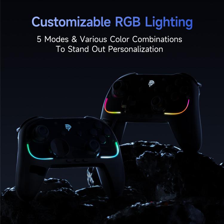 Two black wireless game controllers with glowing RGB light bars