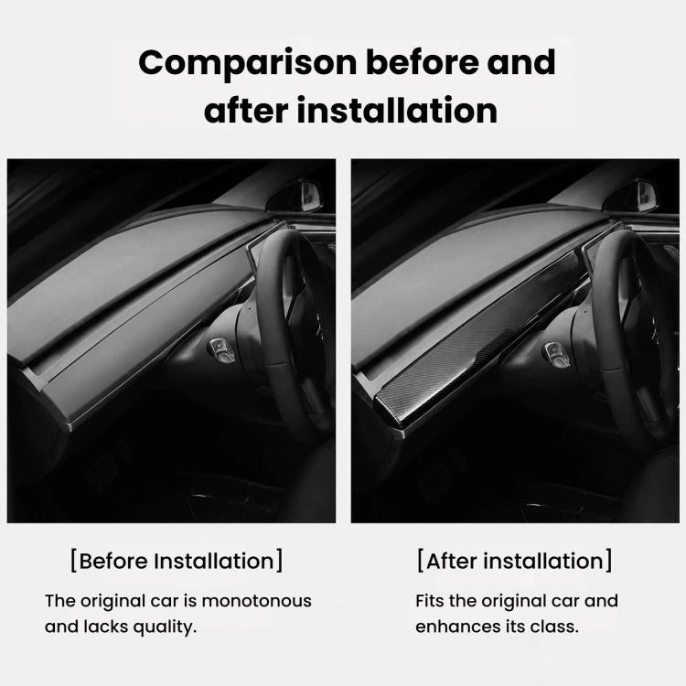 Dashboard trim strip installed on car interior shown in a before and after comparison
