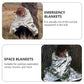 Silver emergency blanket shown in an infographic with a person wrapped