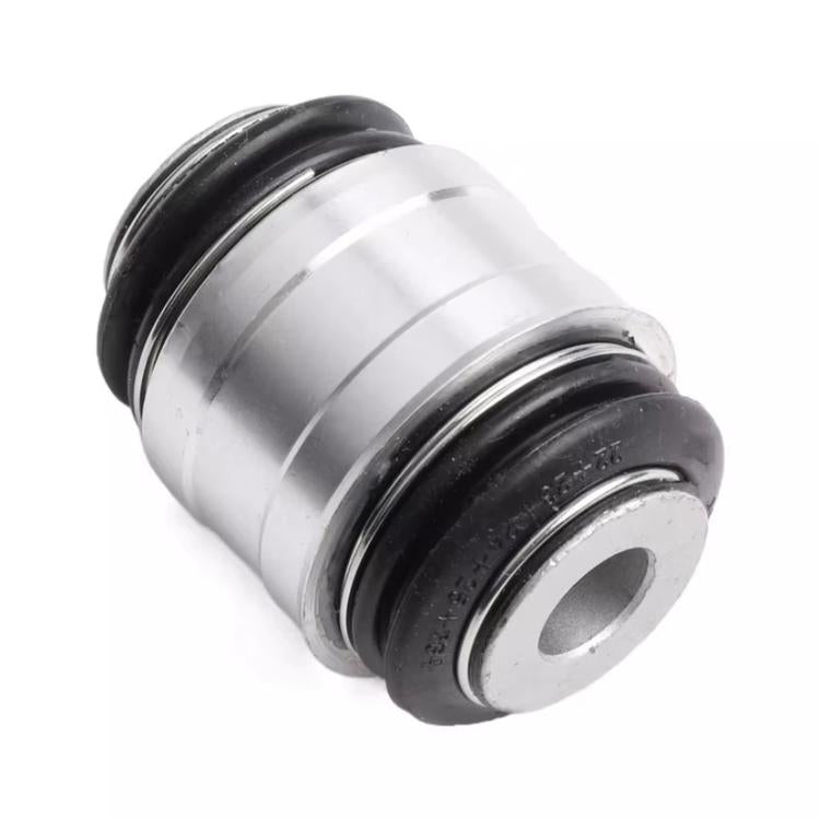 Rear steering knuckle bushing with silver metal housing and black rubber rings
