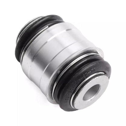Rear steering knuckle bushing with silver metal housing and black rubber rings