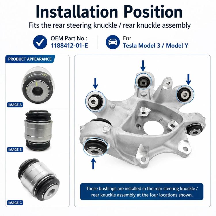 Rear steering knuckle bushing with multiple angles shown: silver sleeve and black rubber