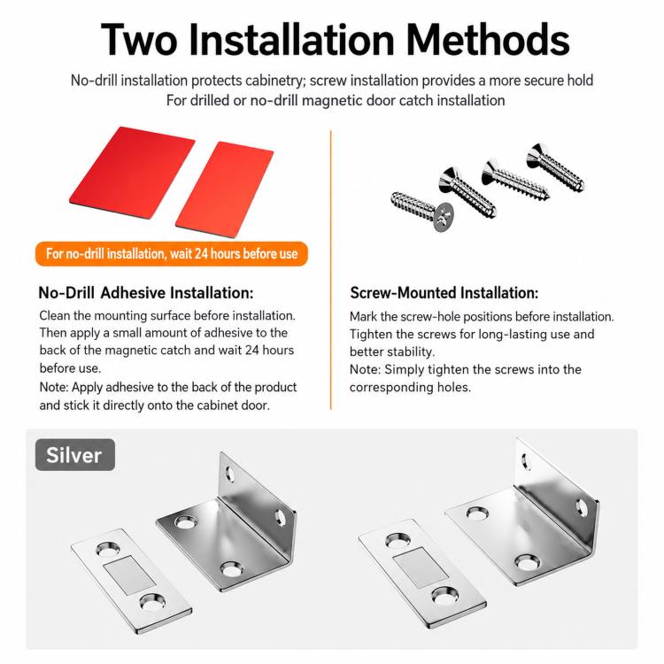 Silver magnetic door stopper plates with adhesive pads and screw hardware