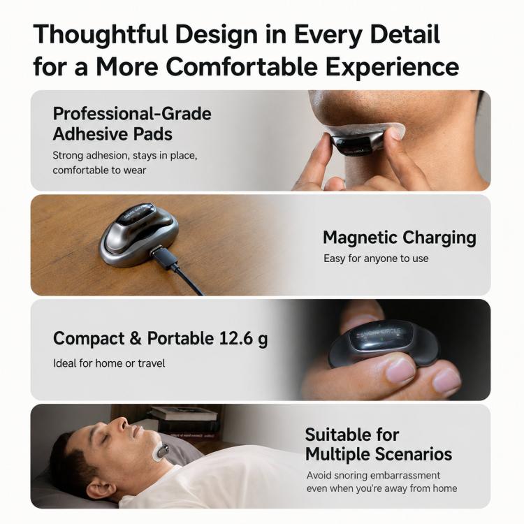 Adhesive electrode pads and magnetic charging dock with compact anti-snoring device