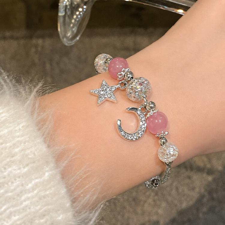 Star Moon Strawberry Quartz Bead Bracelet Women Exquisite Fringe Accessory