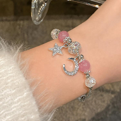 Star Moon Strawberry Quartz Bead Bracelet Women Exquisite Fringe Accessory