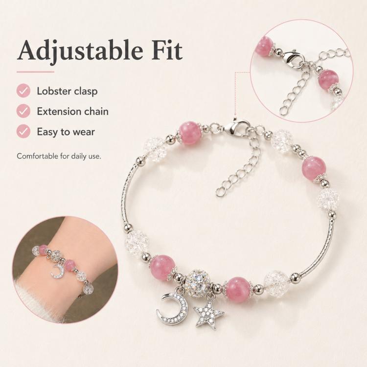 Star Moon Strawberry Quartz Bead Bracelet Women Exquisite Fringe Accessory