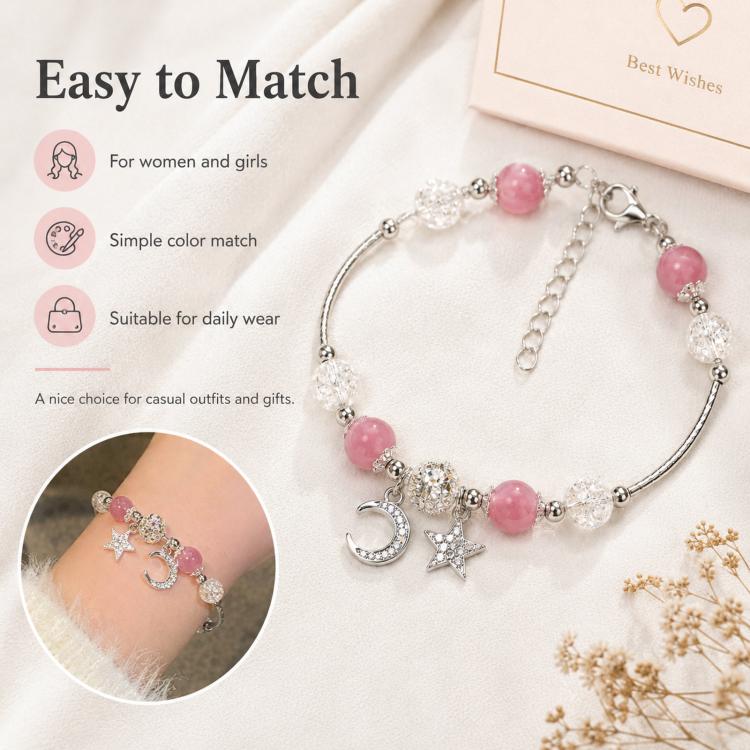 Star Moon Strawberry Quartz Bead Bracelet Women Exquisite Fringe Accessory