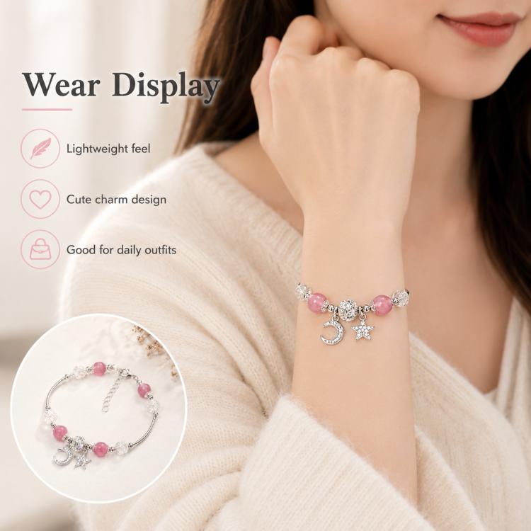Star Moon Strawberry Quartz Bead Bracelet Women Exquisite Fringe Accessory