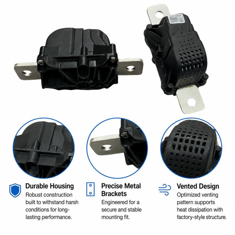 Black battery disconnect fuse module with metal brackets, front and side views shown