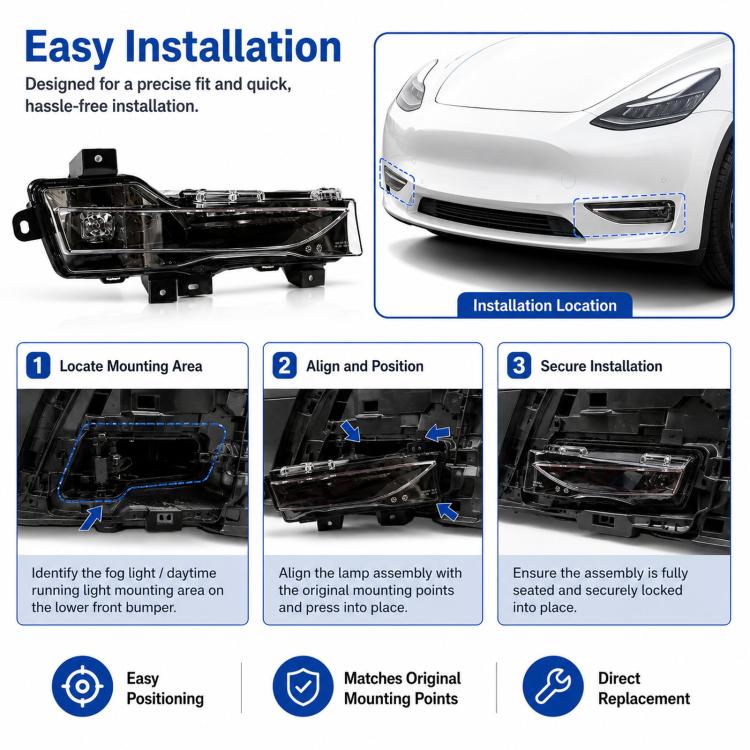 Front fog light assembly with mounting tabs for quick replacement