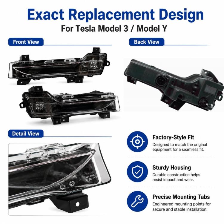 Front fog light assembly shown from front, back, and detail views